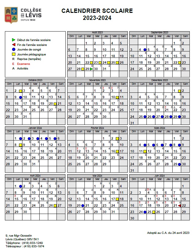 Calendrier  Collège de Lévis